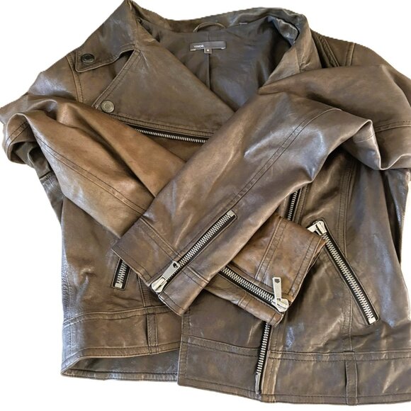 Vince grey Leather biker Jacket Sz M - Picture 8 of 11